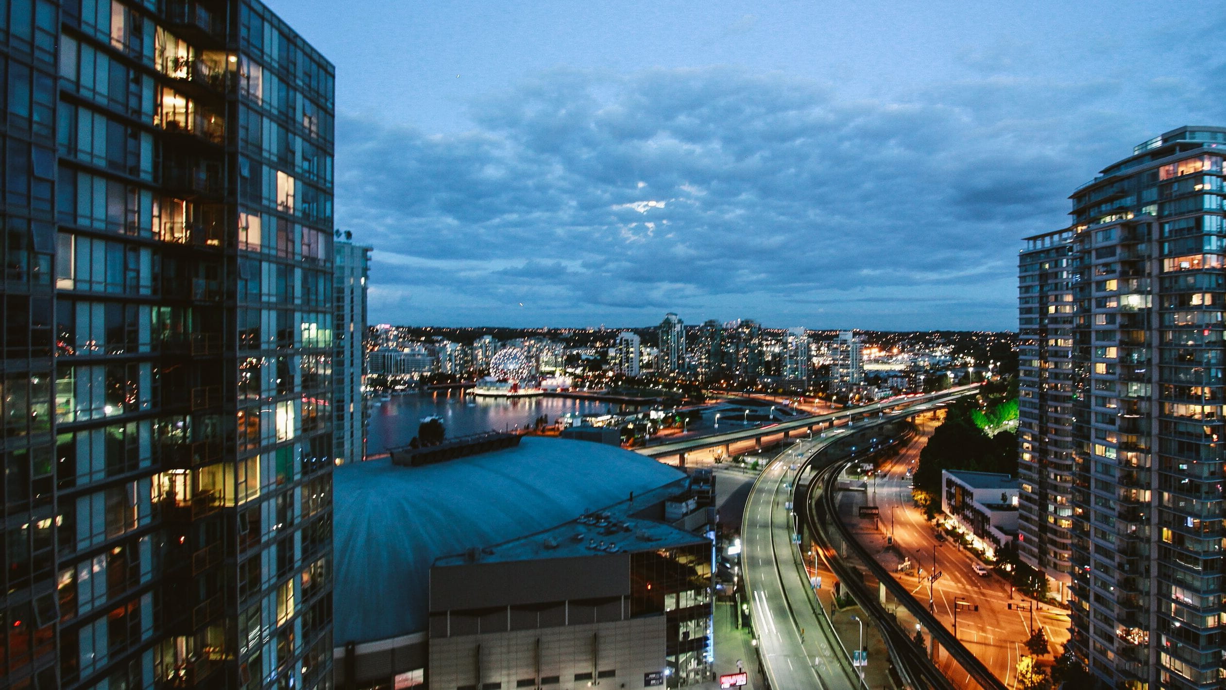 Busy city at sunset